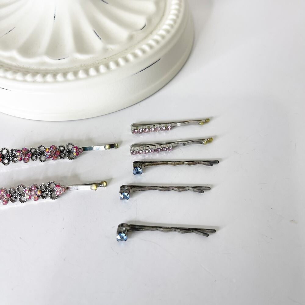 Lot of 7 Vintage Y2K Rhinestone Silver Bobby Pins 90s Fashion Glam Sparkle - Picture 3 of 16